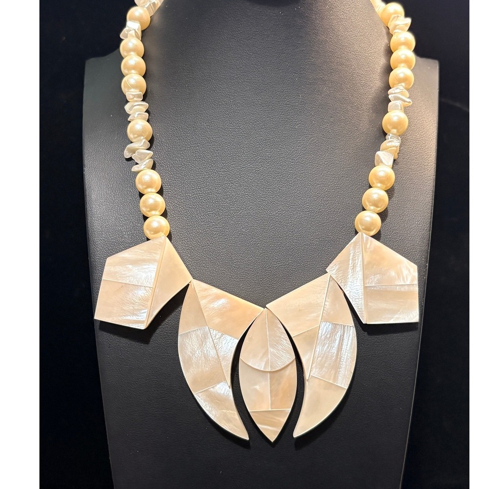 Karla Jordan Mother of Pearl Inlaid Bib Necklace Faux Pearl Statement Cream 17in